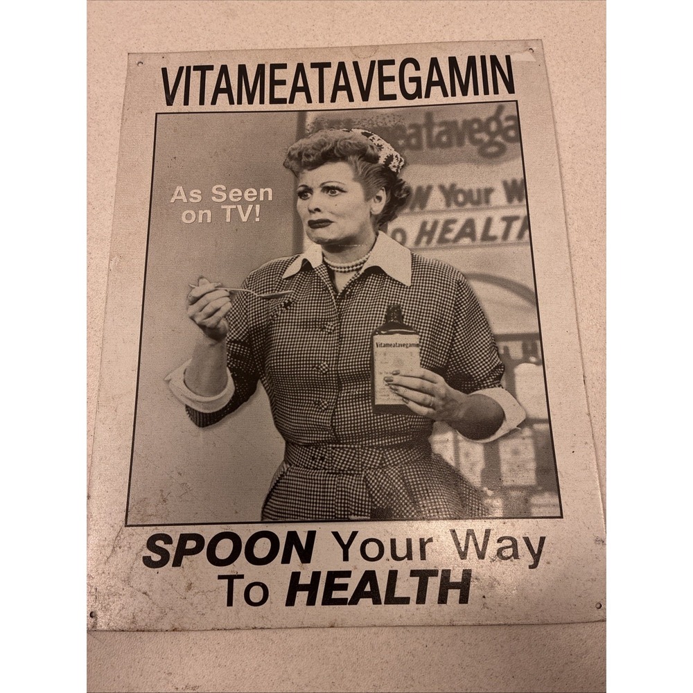 VTG Style I Love Lucy Vitameatavegamin Tin Metal Sign Lucille Ball Wall Decor